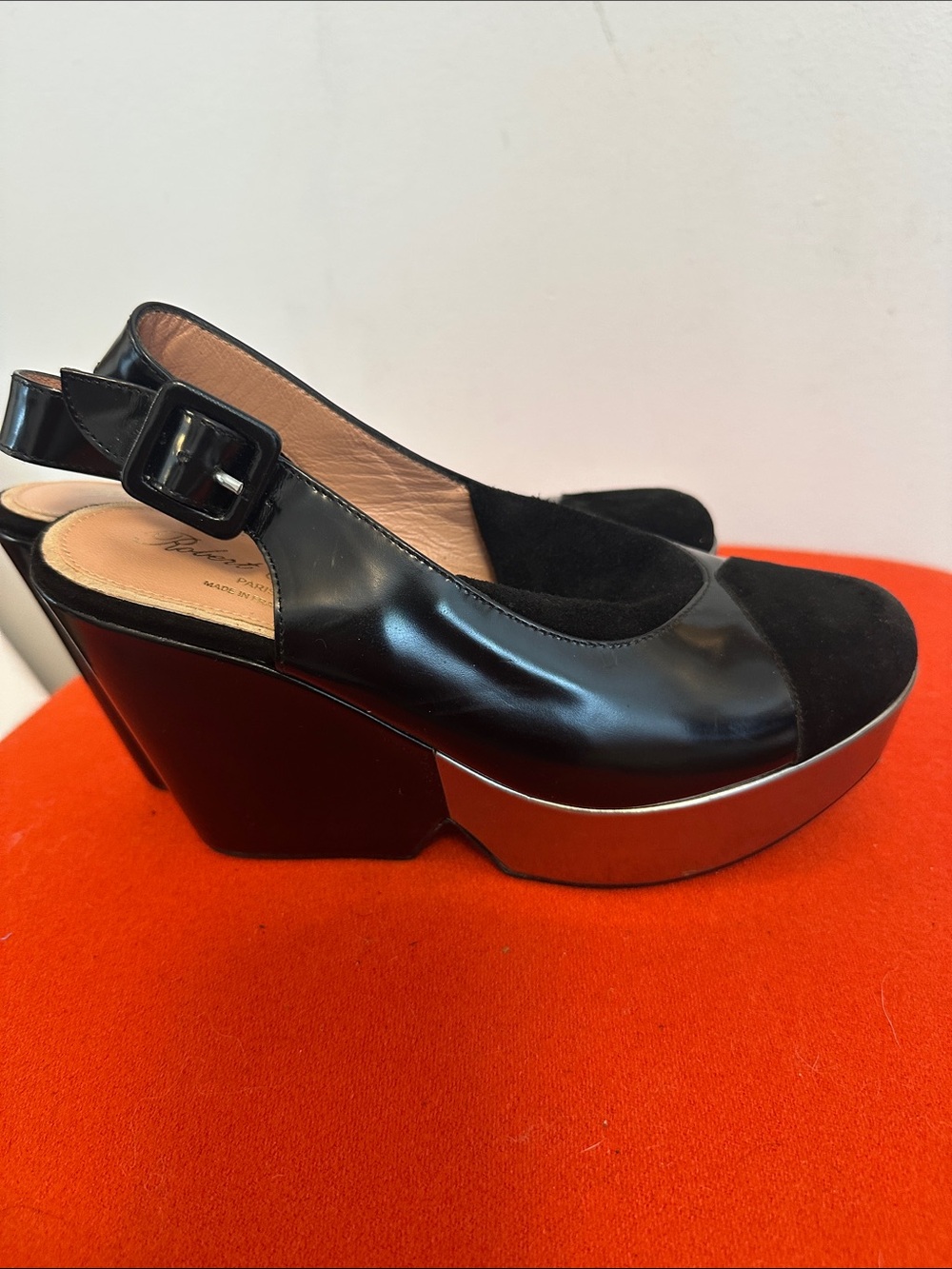 Robert Clegerie Black Platform Slingback Wedge Pumps